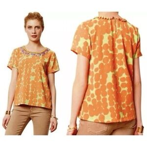 Anthropologie Vineet Bahl Bejeweled Embroidered Neckline Top Size M Orange/Green